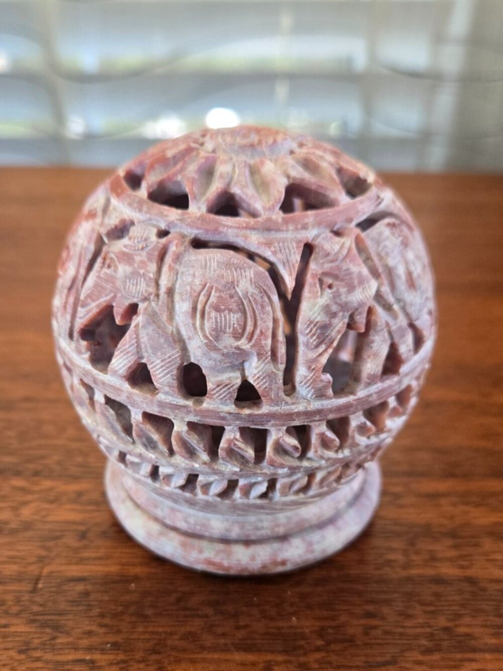 Soapstone Sphere Tealight Incense Holder, VTG Hand Cutout Etched Elephants 3.5"